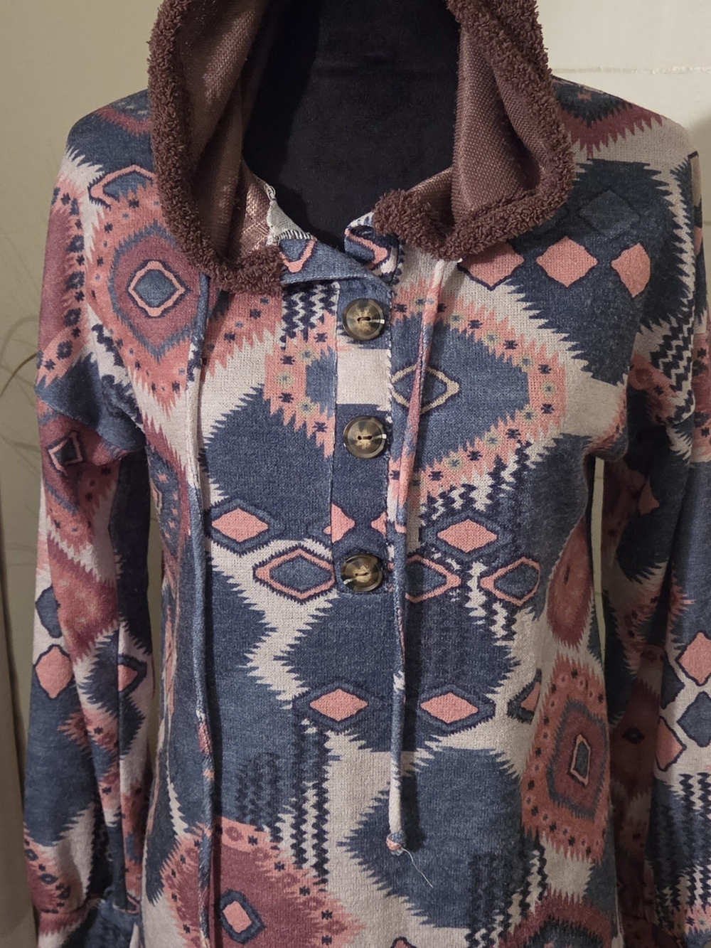 Aztec Geometric Coral Navy Burgundy Henley Pullover Boho Hoodie Small Heimish S